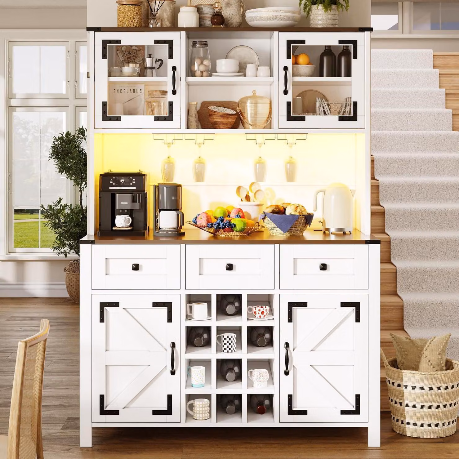 Armadio alto da cucina con illuminazione a LED, prese USB, prese di corrente, portabottiglie per vino, colore bianco, dimensioni 120x40x170 cm