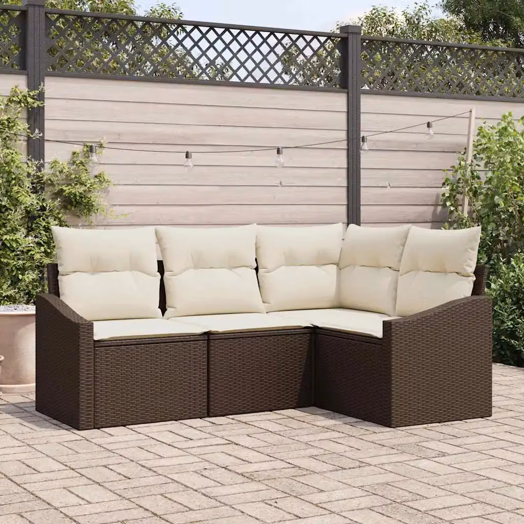 Set Divano da Giardino a L vidaXL in Polyrattan Marrone e Bianco con Cuscini e Struttura in Acciaio Verniciato a Polvere – 1