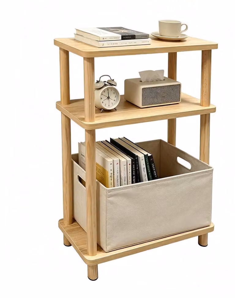 Tavolino laterale stretto con 3 ripiani, adatto come comodino, tavolino da caffè, realizzato in MDF, con finitura in legno naturale