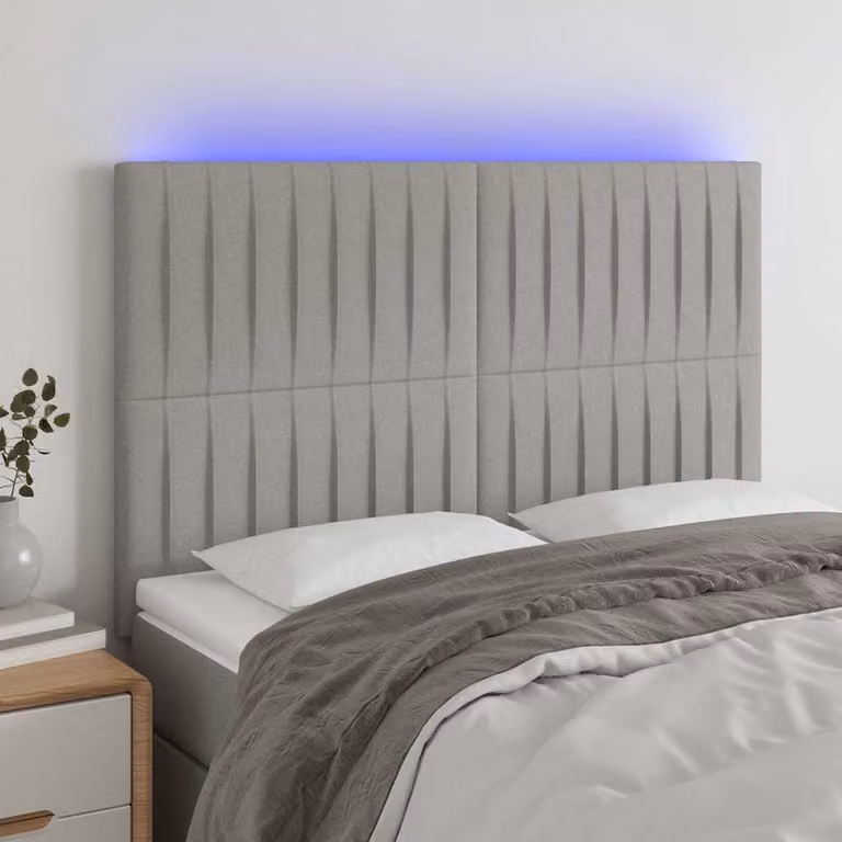 Testiera con LED e porta USB vidaXL in tessuto grigio chiaro, L 144 cm x P 5 cm x H 118/128 cm
