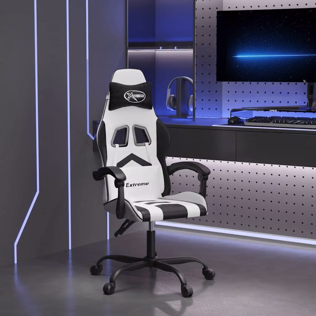 Sedia da Gaming Girevole vidaXL in Similpelle Bianco e Nero con Poggiatesta e Braccioli