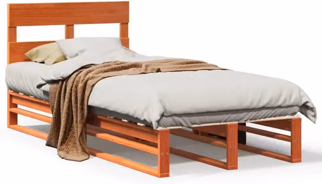 Letto singolo per adulti in legno di pino color marrone cera con doghe in legno L/P/H: 190 x 90 cm