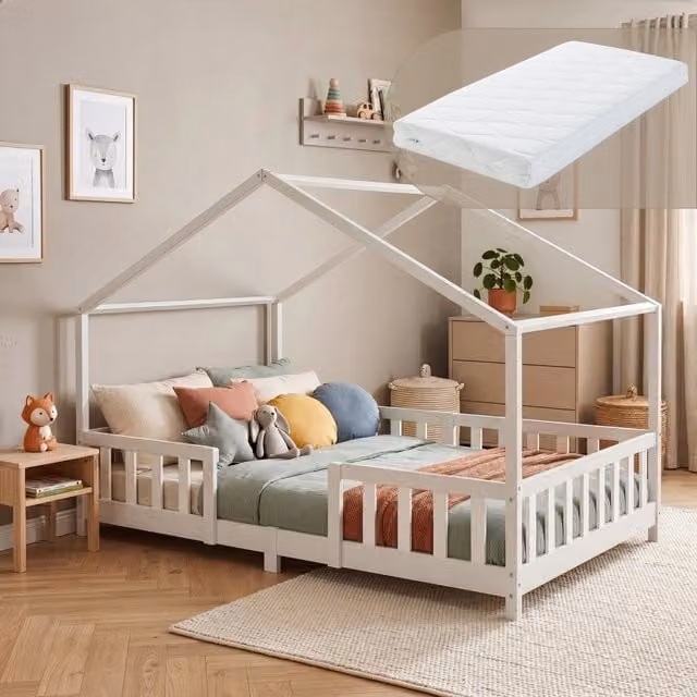 Letto per Cameretta Treviolo a Forma di Casetta in Stile Montessori con Materasso 120x200 cm - Bianco [en.casa]