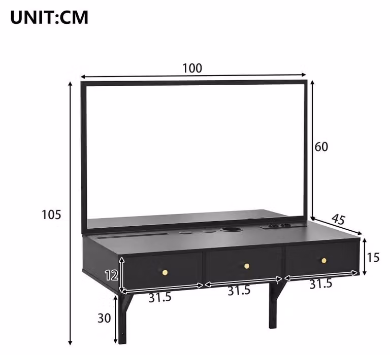 Comò da trucco con specchio - Comò da parrucco - 3 cassetti - Prese di corrente - Supporto per tablet - Portabevande - Colore: nero - Dimensioni: 100 x 105 x 45 cm