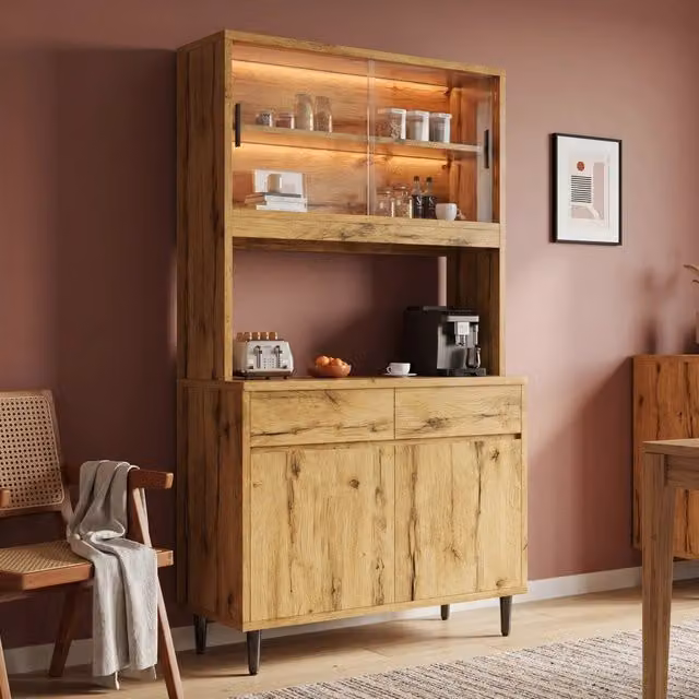 Credenza REDOM in Rovere con Ante in Vetro e Illuminazione Integrata L 100 cm, P 40 cm, H 185 cm – 1