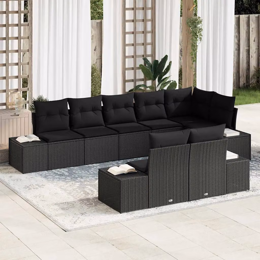 Set Divano da Giardino vidaXL 8 Pezzi in Polyrattan Nero con Cuscini e Struttura in Metallo – 1