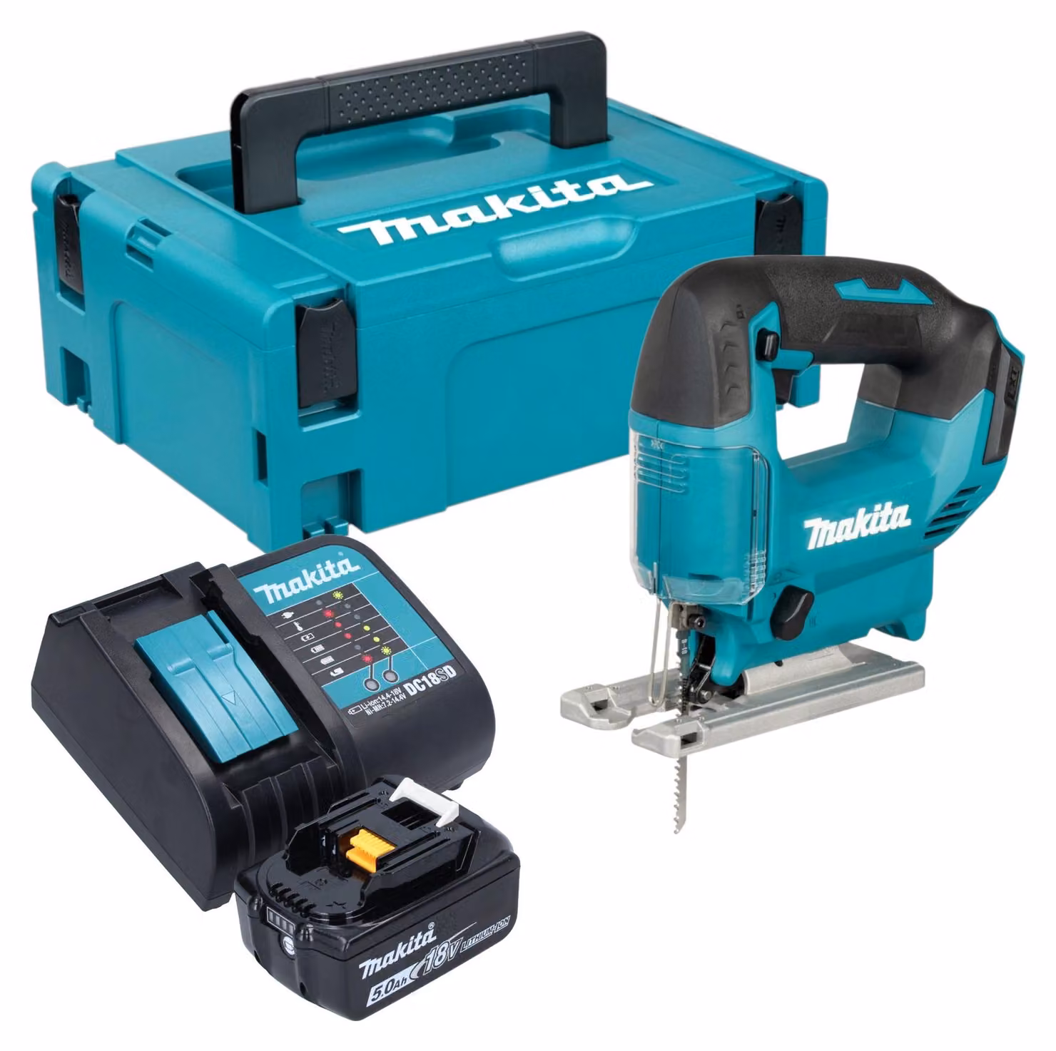 Seghetto alternativo a batteria Makita DJV 186 ST1J 18 V + 1x batteria 5,0 Ah + caricabatterie + Makpac