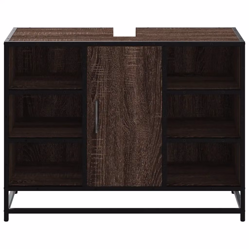 Mobiletto lavabo stile industriale in legno di rovere marrone con ante a cerniera e ripiani interni, L: 80 cm, P: 33 cm, H: 60 cm – 2