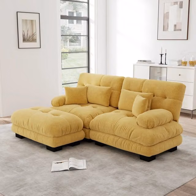 Divano Angolare con Ottoman ¨C MINIMAL ¨C Chenille, Giallo, Braccioli Larghi