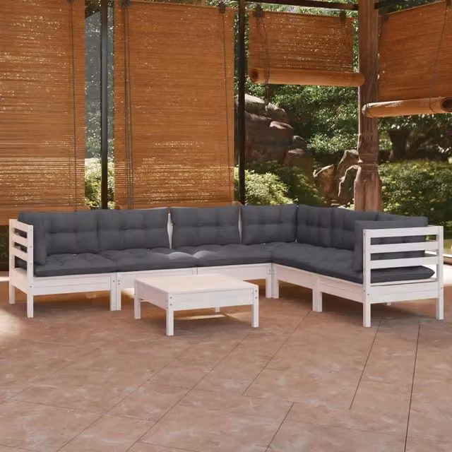 Set Divani da Giardino 7 pz con Cuscini Bianchi Legno di Pino 3096690