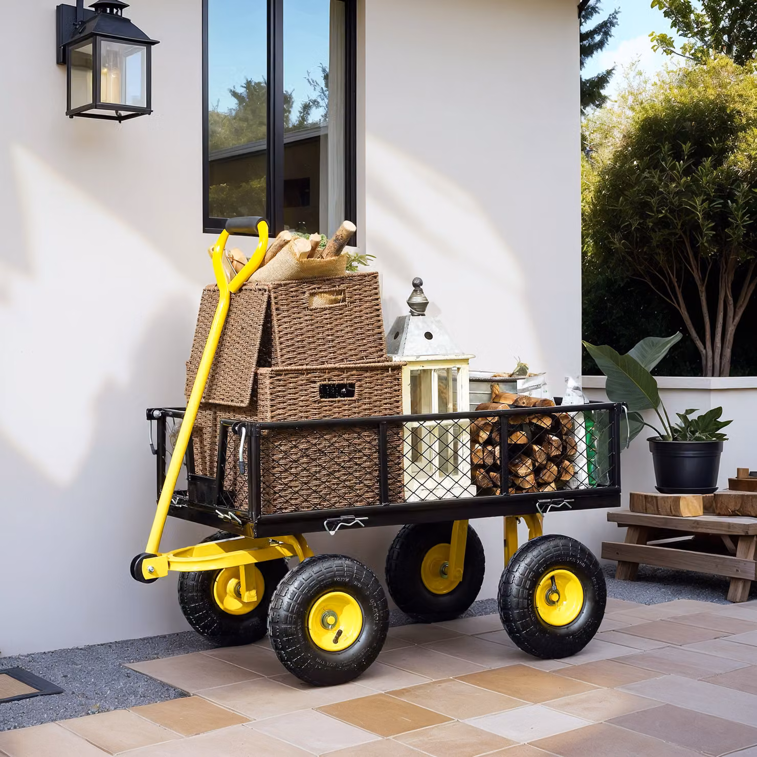 Carrello da giardino Outsunny in acciaio con pareti laterali rimovibili, capacità 200 kg, L/P/H: 104 x 54 x 51 cm, nero e giallo – 2