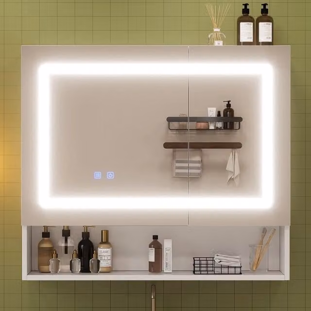Armadietto specchio bagno Minimal bianco con doppia anta, LED e funzione anti-appannamento, L: 80 cm, P: 17 cm, H: 70 cm