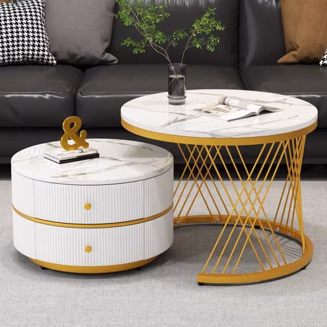 Set di tavolini bassi a incastro rotondi MIVRAY in MDF bianco effetto marmo lucido con 2 cassetti L/P/H: 60 x 60 x 46 cm