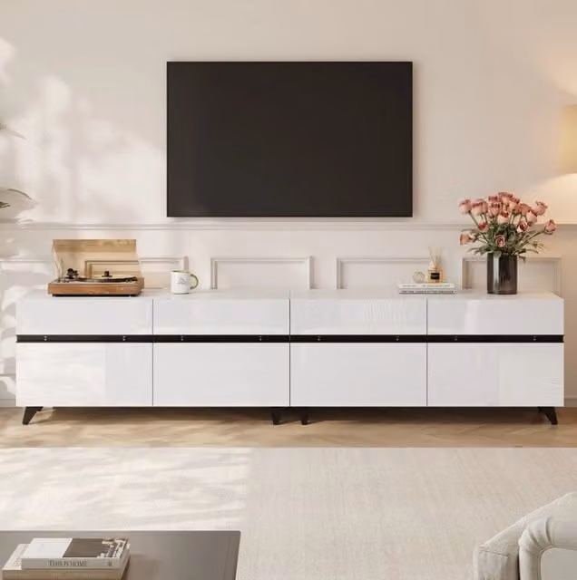 Mobile TV MODFU in MDF bianco e nero con finitura lucida, 4 ante e ripiani regolabili, L: 180 cm, P: 40 cm, H: 49 cm