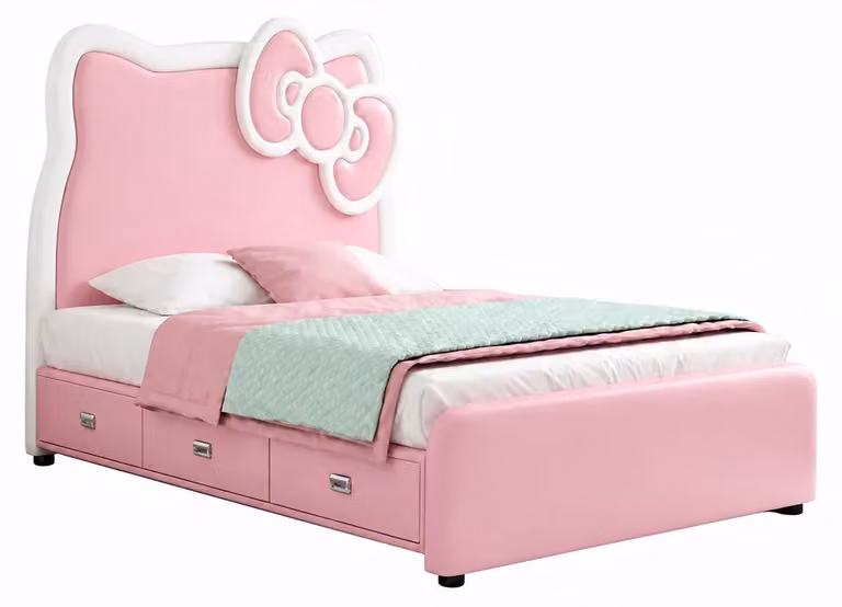 Letto per bambini rosa in pelle, design delicato a forma di gattino, mobili per bambini