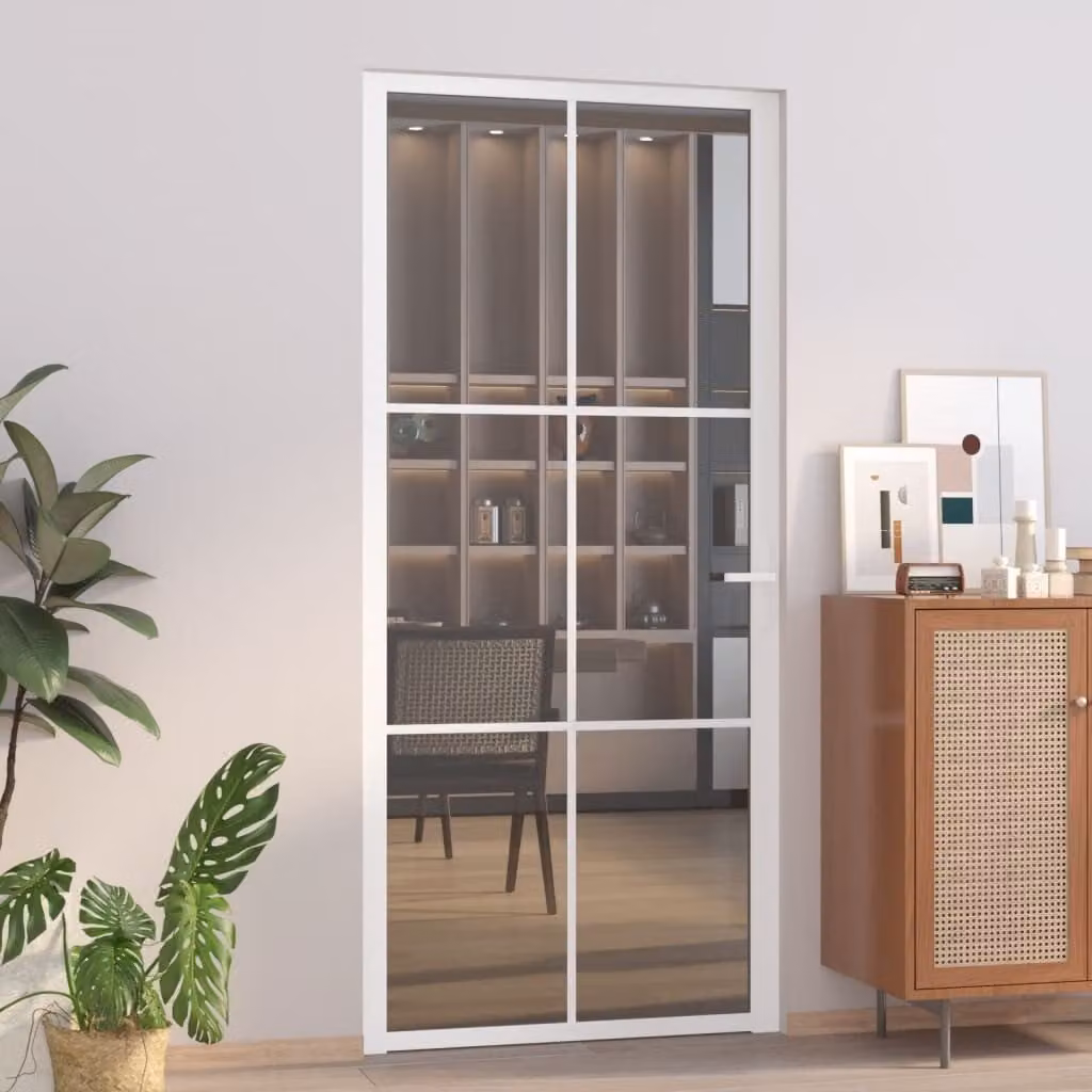 Porta interna The Living Store 93x201,5 cm vetro temperato di sicurezza bianco e alluminio