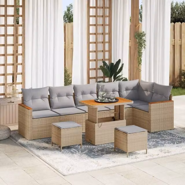 vidaXL Set Divano da Giardino a L con Tavolino e Pouf Beige con Cuscini e Struttura in Metallo e Legno di Acacia – 1