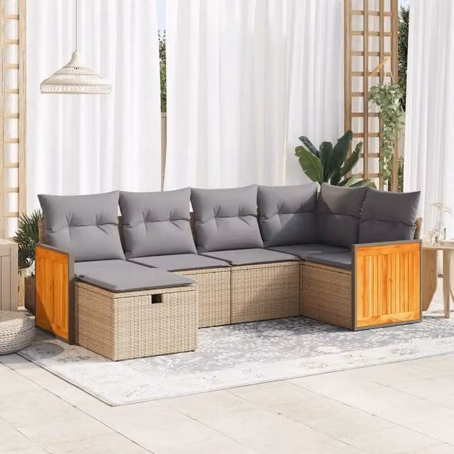 Set Divano da Giardino a L vidaXL da 6 posti con Cuscini Beige e Struttura in Metallo e Legno di Acacia