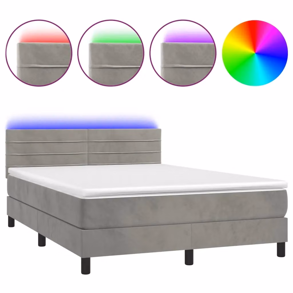 Letto Ibrido con Materasso vidaXL in Velluto Grigio e Bianco con Illuminazione LED e Porte USB L/P: 140 x 190 cm – 2
