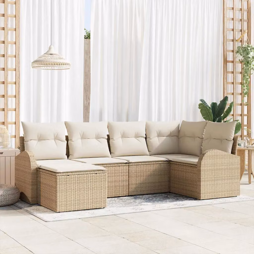 Set di divani da giardino vidaXL in rattan con cuscini beige e bianco, composizione a L con elementi angolari e pouf, struttura in acciaio verniciato a polvere