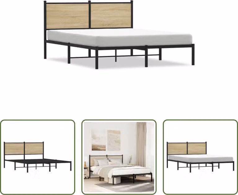 The Living Store Struttura letto con testiera in metallo rovere Sonoma 140x200 cm