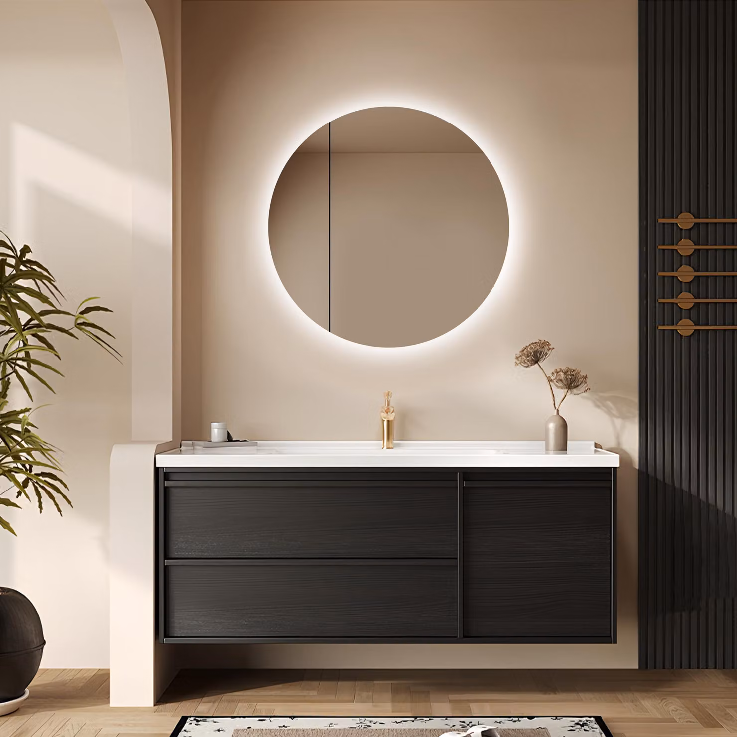 Specchio rotondo con struttura, diametro 60 cm, con illuminazione LED, in alluminio, colore nero, dotato di 2 ripiani
