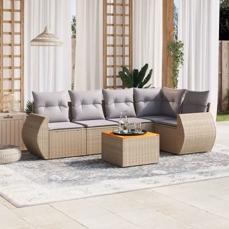 Set Divano da Giardino vidaXL 6 pz in Polyrattan con Cuscini Beige e Grigio per Terrazza e Giardino