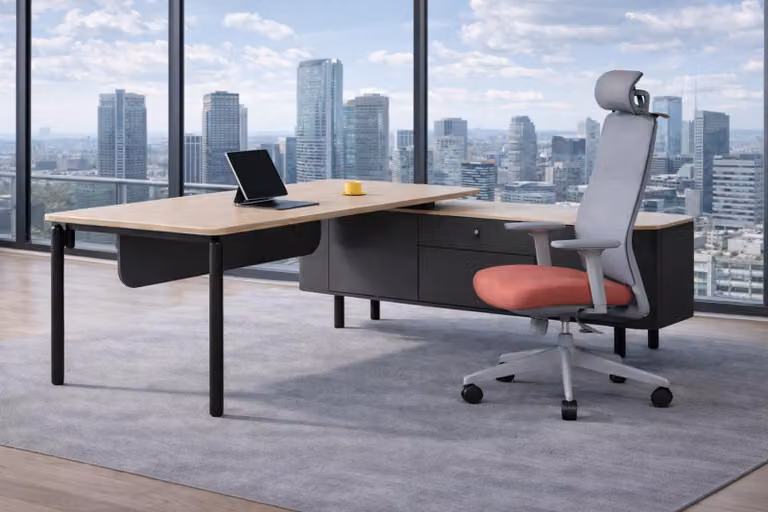 Scrivania angolare grigio-marrone, elegante scrivania da ufficio, raffinati mobili in legno