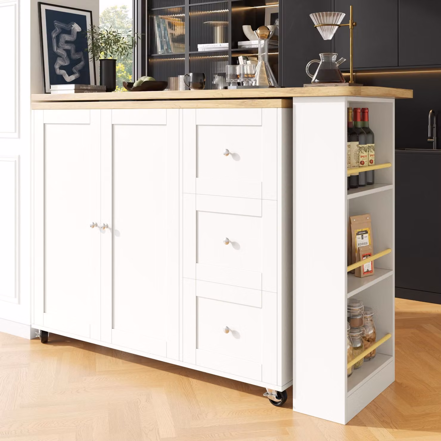 Isola da cucina estraibile girevole a 360 con 3 cassetti, 2 ante e ripiano laterale per snack, Bianco, L: 135-203 cm, P: 39 cm, H: 106 cm – 2