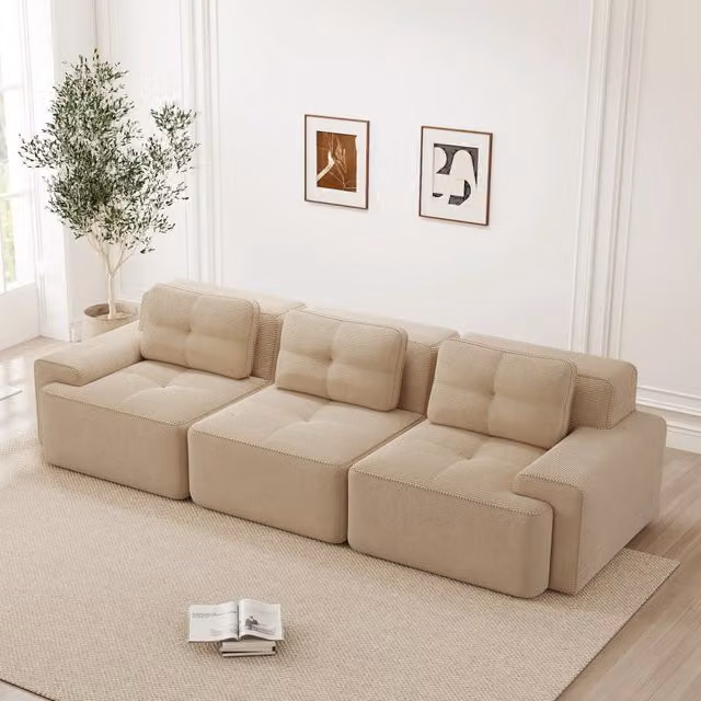 Divano modulare con seduta profonda e schienale curvo in velluto a coste, senza montaggio, per soggiorno, beige