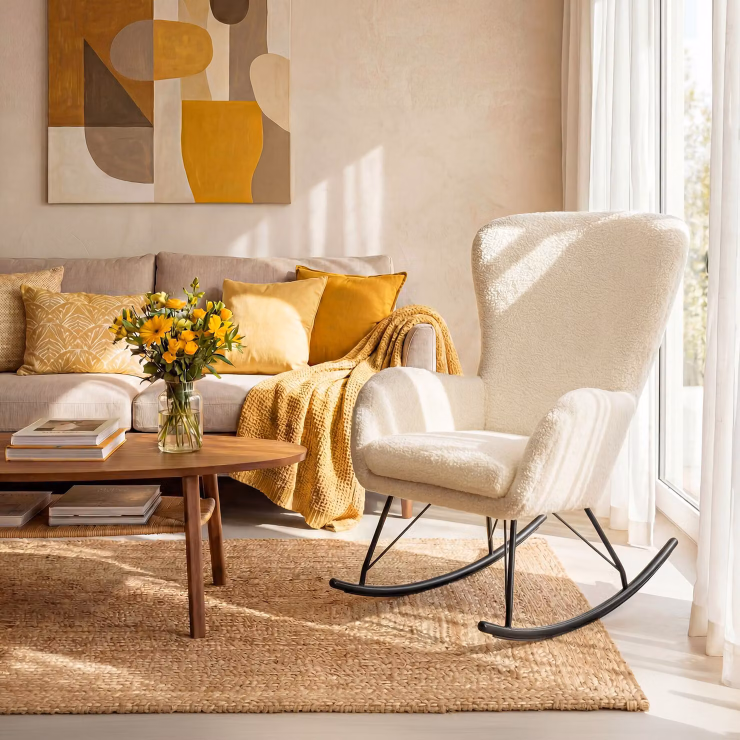 Sedia a dondolo Swing TecTake GmbH in tessuto bouclé bianco e nero con struttura in metallo e braccioli in stile scandinavo – 2