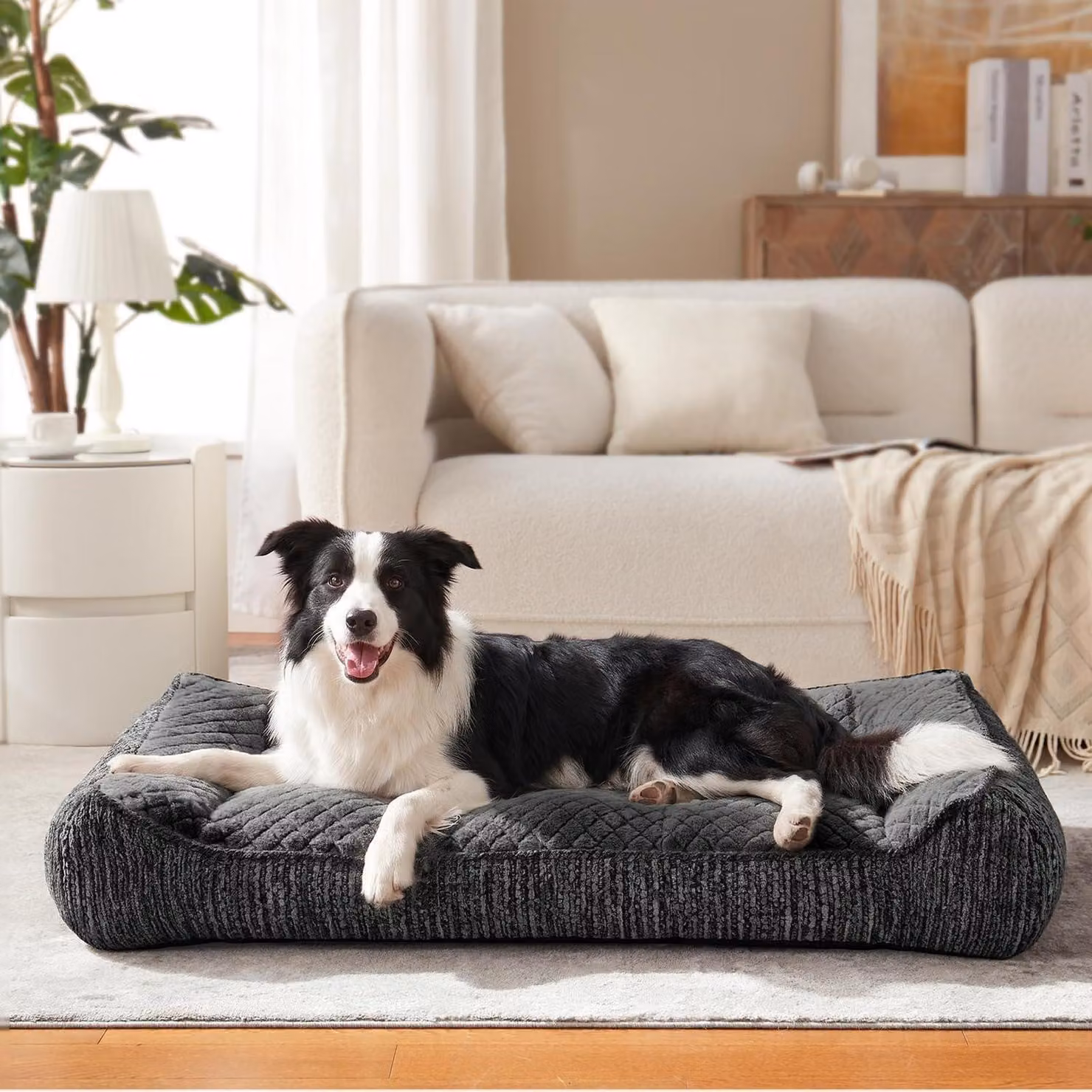 Cuccia ortopedica per cani di grossa taglia, lavabile, con rivestimento removibile, antiscivolo, con bordo rialzato, in pile con motivo a fiocchi di neve, dimensioni 89x64x20 cm, colore grigio