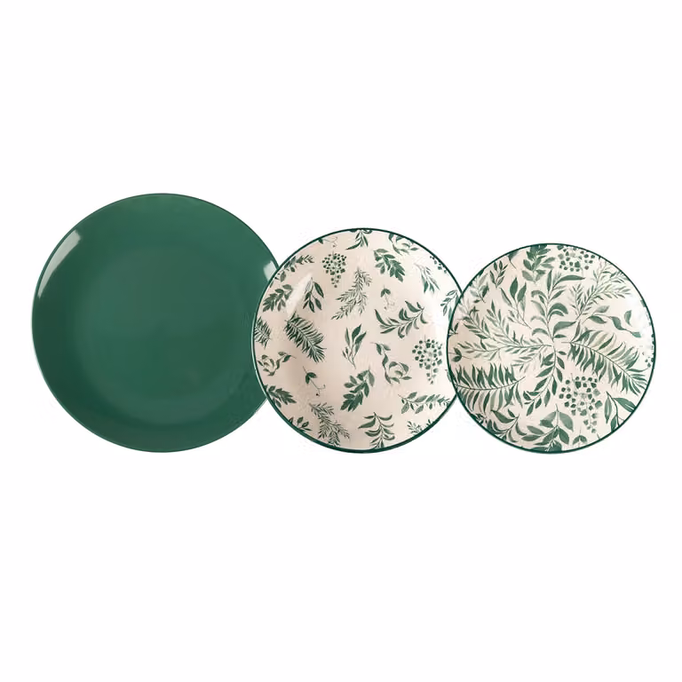 Servizio di piatti Leaves Green GUSTO CASA in stoneware, 18 pezzi, colore verde con decoro floreale