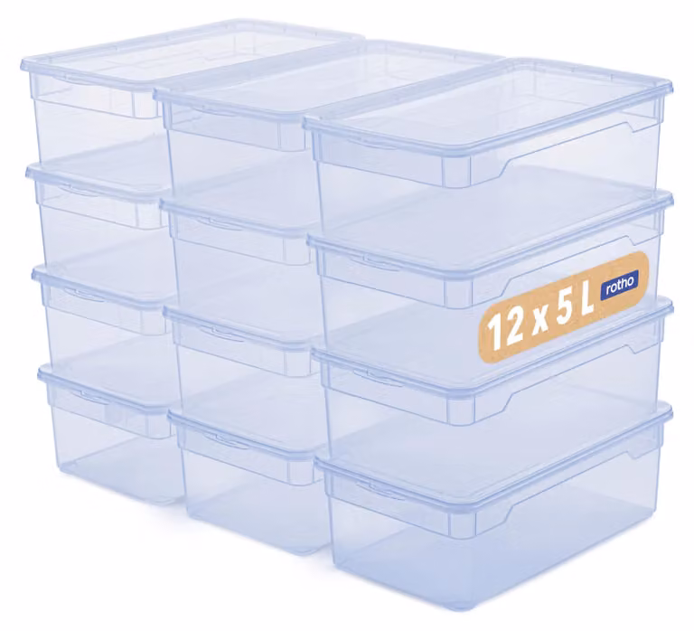 Set di 12 contenitori trasparenti blu da 5 litri, con coperchio, marca Rotho Clear