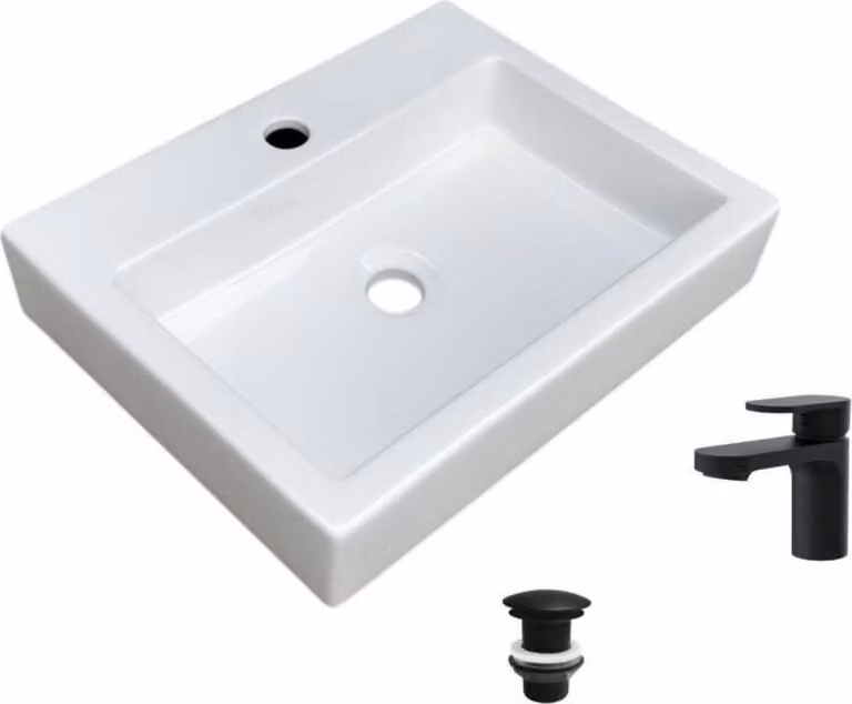 Lavabo da appoggio rettangolare 48x38cm + rubinetto + scarico PADI