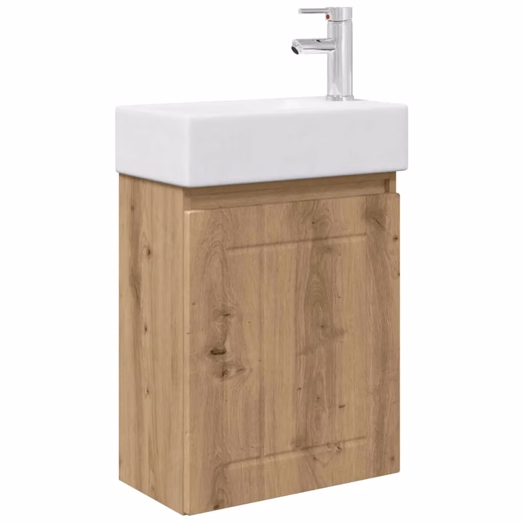 Mobile bagno sospeso vidaXL in rovere con lavabo in ceramica bianca e finiture argento e marrone – 2