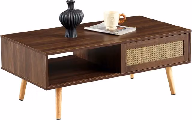 TAVOLINO DA SALOTTO 105x55x40 cm MDF Marrone con ante scorrevoli in rattan