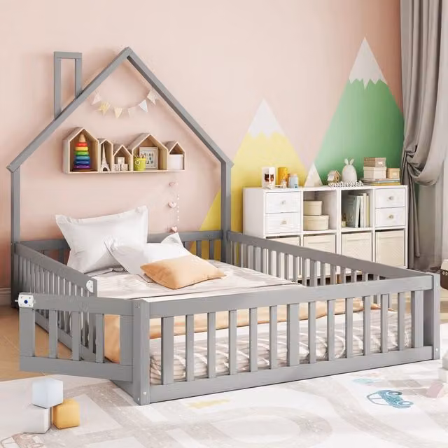 Letto per bambini 140x190 cm a forma di camino con rete a doghe; legno di pino e MDF; grigio