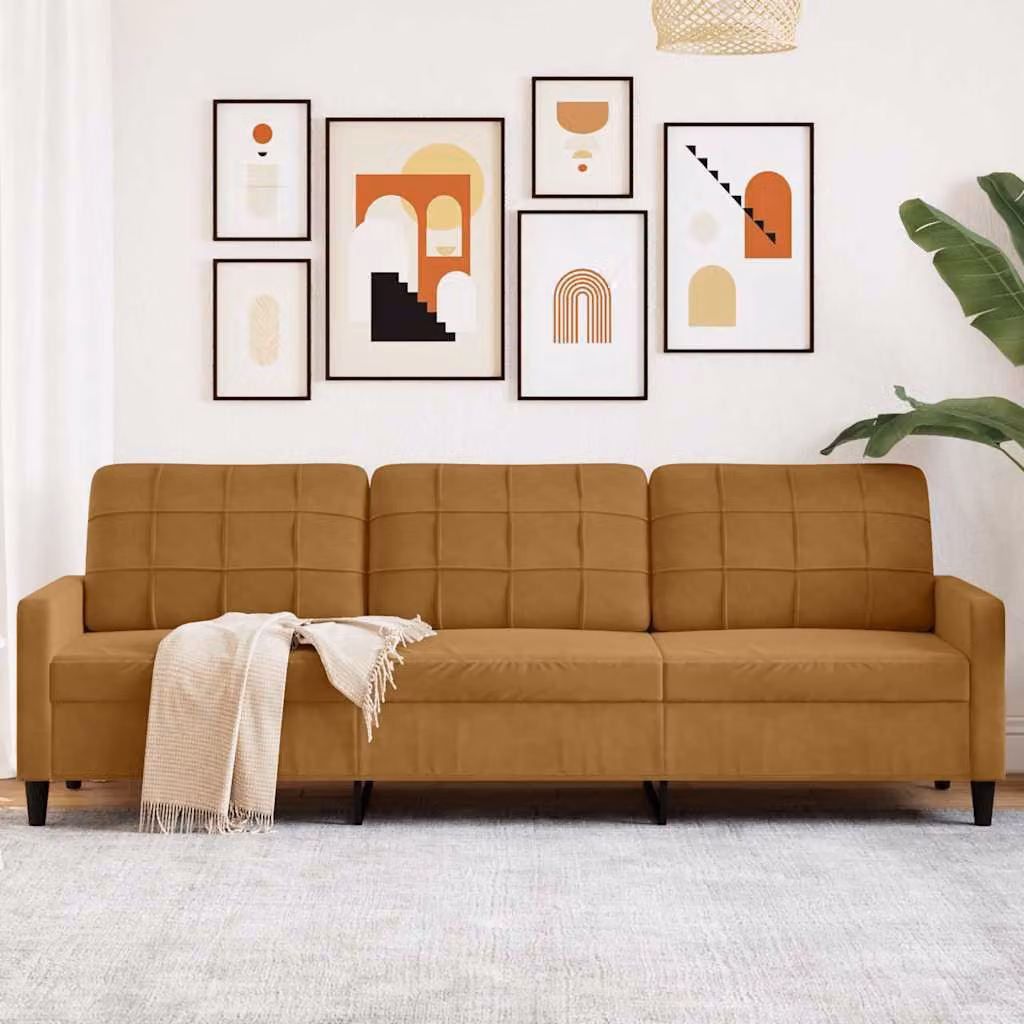 vidaXL Divano Moderno a 3 Posti in Velluto Marrone con Struttura in Metallo e Imbottitura in Schiuma L: 226 cm, P: 80 cm, H: 77 cm
