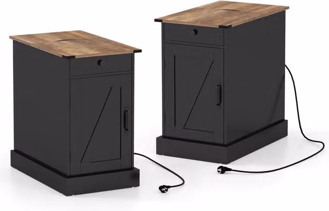Set di 2 comodini camera letto stretto ricarica coperchio ribalta cassetto, Comodino tavolino piccolo vassoio rimovibile armadio Nero