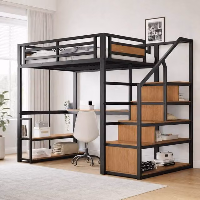 Letto a soppalco in metallo 140x200 cm nero con scrivania; ripiani e scala contenitiva