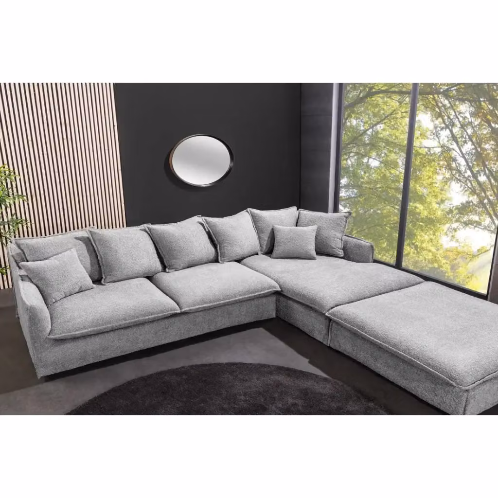 Divano ad angolo Meublorama KALIA in tessuto bouclé grigio con pouf e poggiatesta regolabile, angolo destro, L: 255 cm x P: 80 cm x H: 95 cm – 2