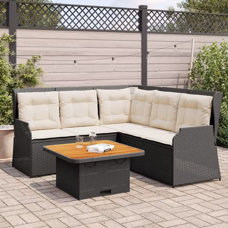 Set di divani da giardino vidaXL a forma di L composto da 4 pezzi con tavolino da esterno, struttura in metallo e polyrattan nero con cuscini inclusi
