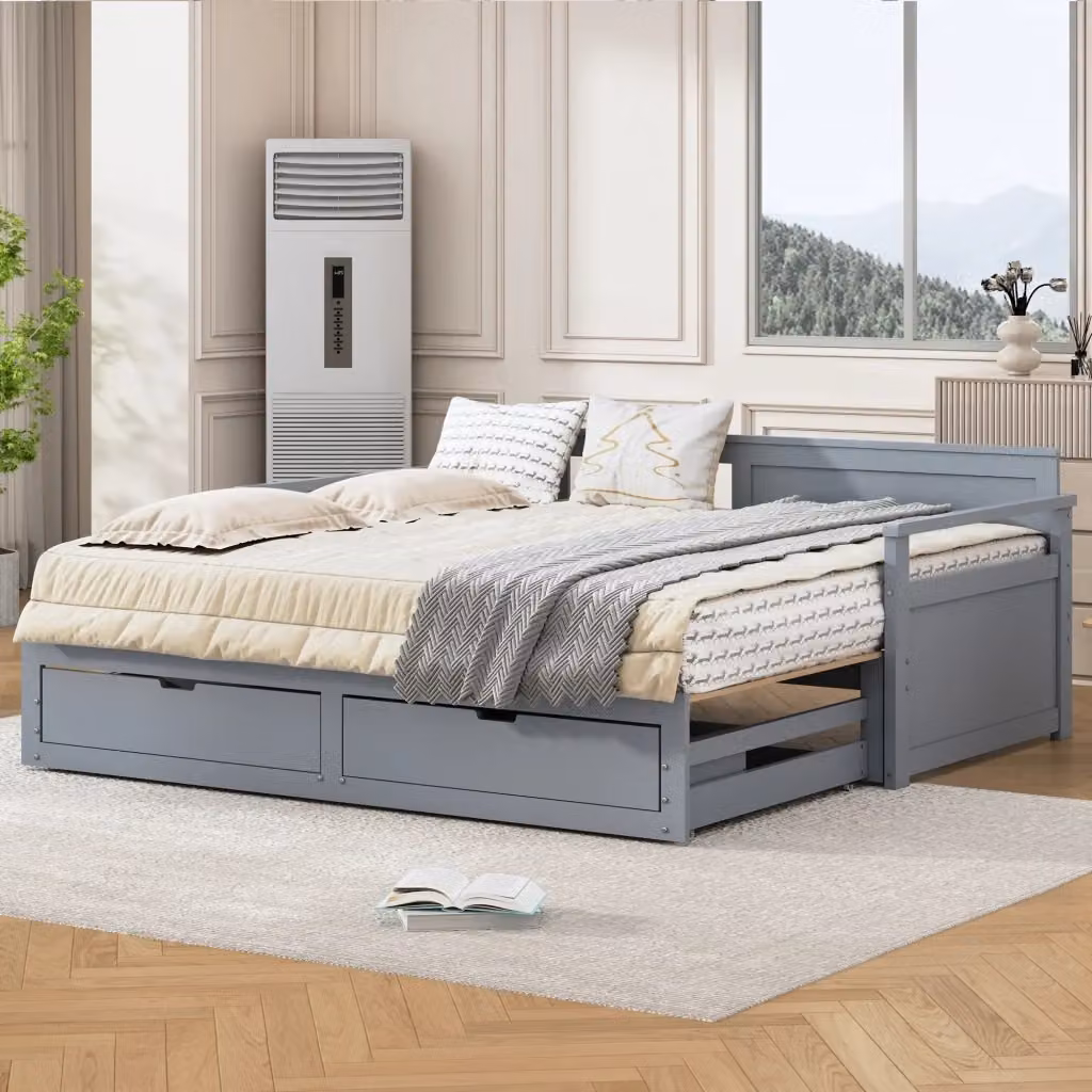 Letto estraibile moderno con cassetti in legno e MDF grigio, senza materasso, L/P/H: 197.5 x 184.5 x 76.5 cm – 2