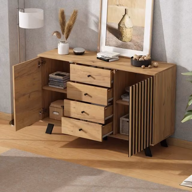 Credenza con 2 ante 4 cassetti e 5 vani per soggiorno in MDF e legno massiccio nero e rovere 120 × 38 × 75 cm