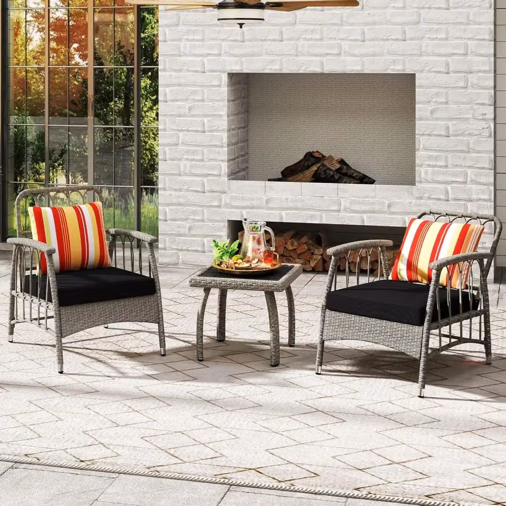 Set Salotto da Giardino Costway in Rattan Grigio con Tavolo e Poltrone con Cuscini a Righe e Schienale Regolabile – 2