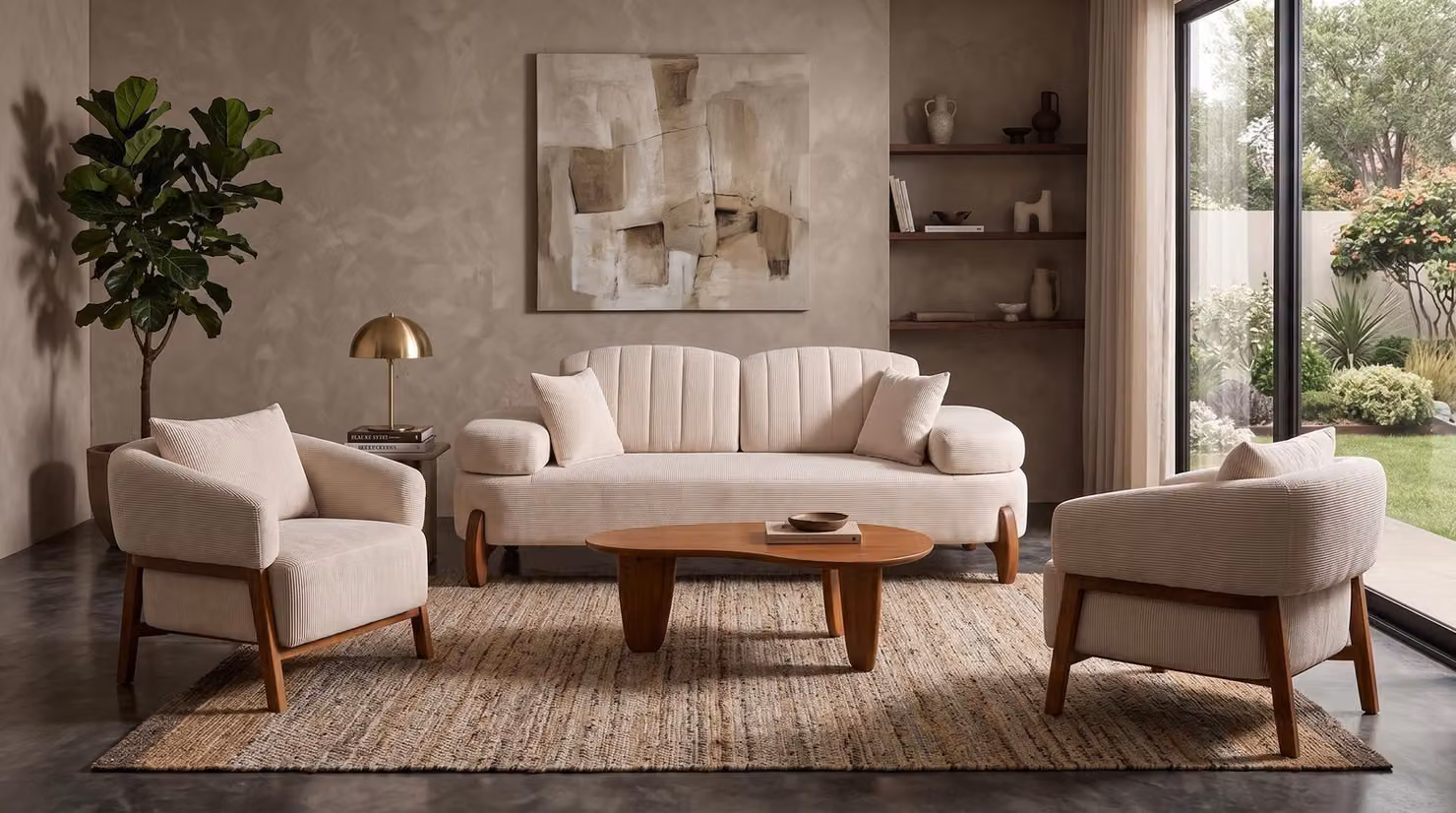 Set per soggiorno color beige, composto da: divano a 2 posti, poltrona, divani in tessuto, stile moderno