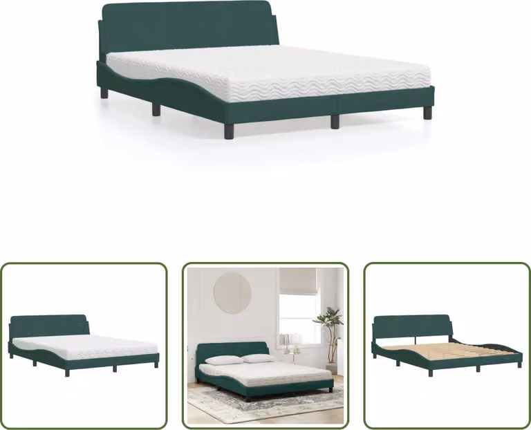 The Living Store Letto con materasso in velluto verde scuro 160x200 cm
