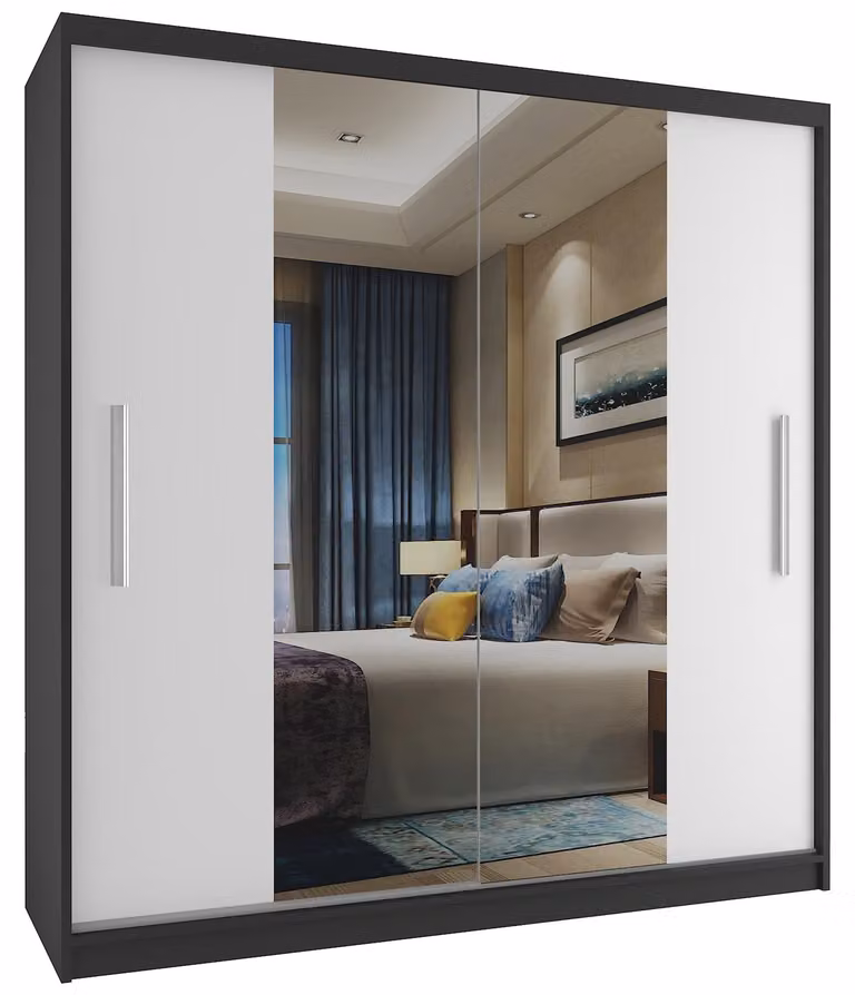 BELINI Verona, armadio scorrevole da 158 cm, nero/bianco opaco - armadio con specchio e appendiabiti, ideale per la camera da letto