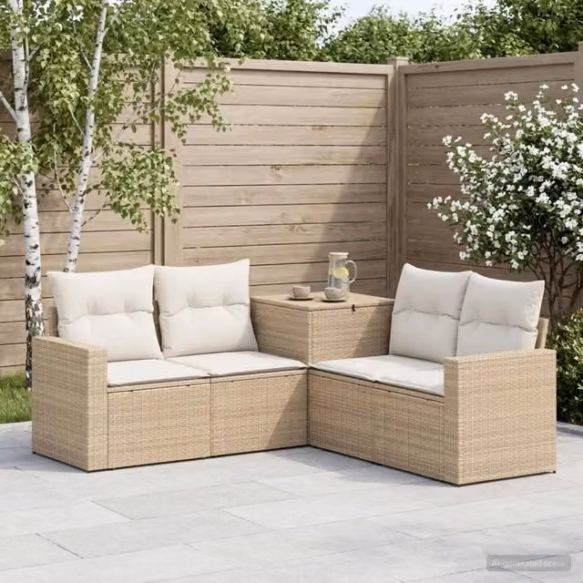 Set di divani da giardino a L vidaXL in polyrattan beige e bianco con cuscini inclusi e coperture rimovibili